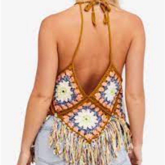 Free People Summer of Love crochet halter top with fringe size M/L - Picture 2 of 8